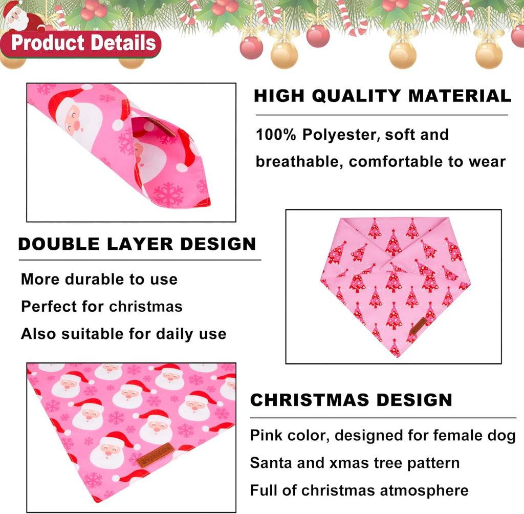 ADOGGYGO Christmas Dog Bandana, Xmas Tree Santa Pet Scarf, Premium Durable Fabric, Adjustable Fit Female Pet Christmas Bandanas for Small Dogs Puppies (Small)
