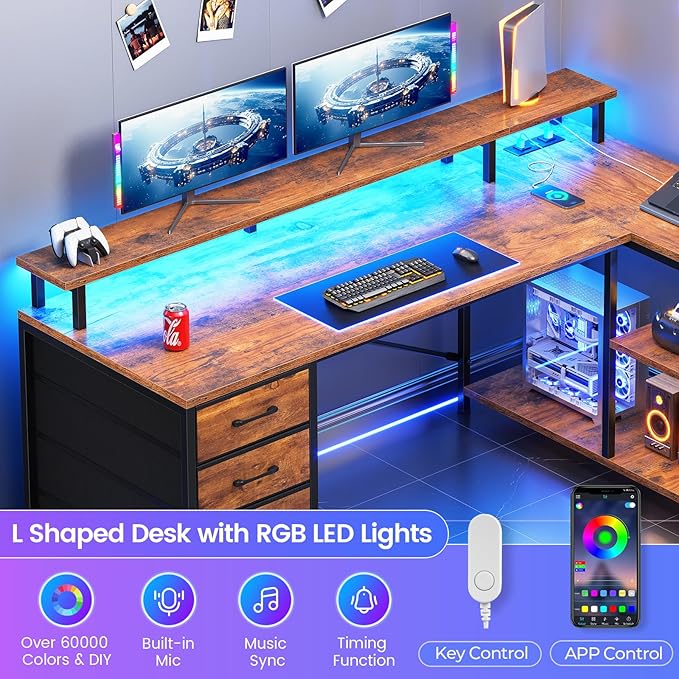 SEDETA L Shaped Desk with 4 Drawers and Storage Shelves, L Shaped Gaming Desk with LED Lights & Power Outlets, Computer Desk with Shelves & Drawer, Corner Desk Home Office Desk, Rustic Brown