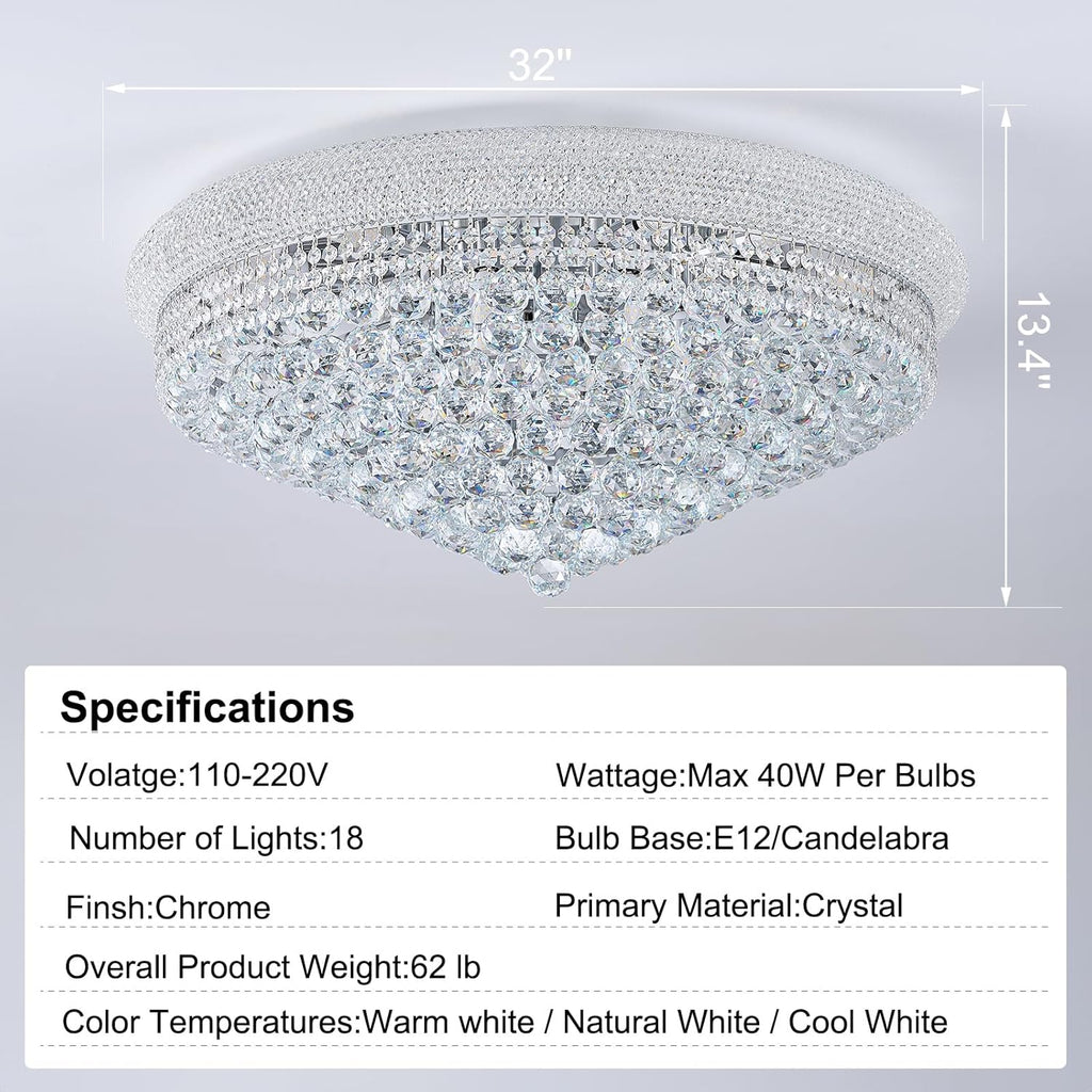 18-Light 32 inch Large Crystal Chandelier Flush Mount Ceiling Light Fixture for Living Room Dining Room Bedroom Foyer Entryway Chrome Finish
