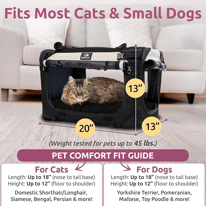 Cat & Dog Pet Carrier, Soft-Sided, Medium 20"x13"x13" Fits Most Cats or Small Dog, Comfortable for Travel & Vet Visits, Privacy Windows, Removable Plush Bed, Locking Zippers, Folds Flat