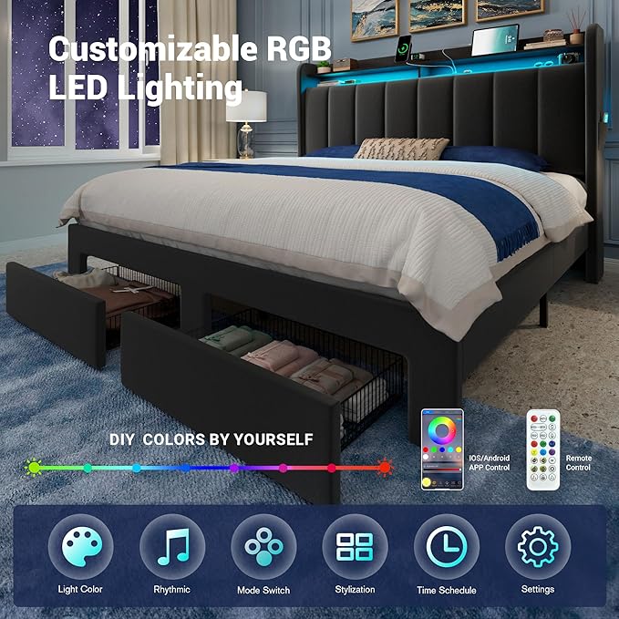 Allewie Velvet Vertical Tufted Queen Upholstered Platform Bed Frame with 2-Tier LED Storage Headboard & 2 Storage Drawers, USB & Type-C Charging Ports, Noise-Free/No Box Spring Needed, Black