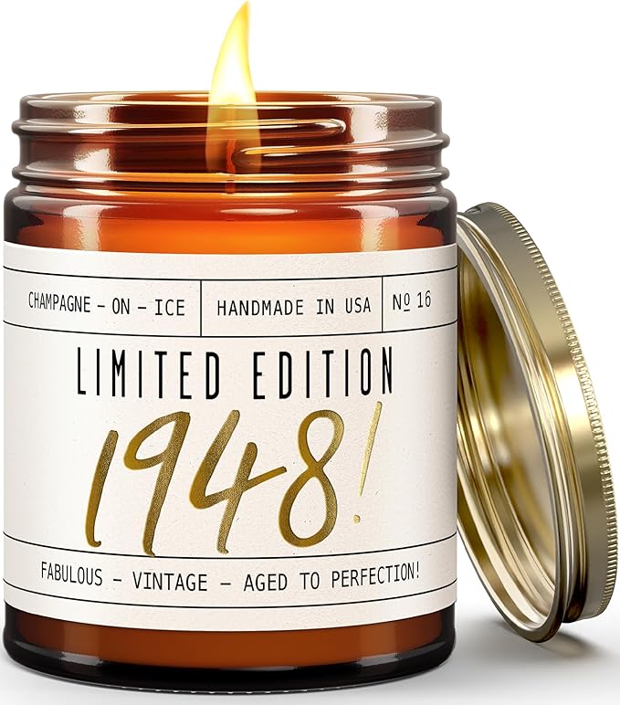 77th Birthday Gifts for Women - 'Limited Edition 1948' Soy Candle, w/Champagne on Ice I 77 Birthday Gifts for Women I 77th Birthday Gift for Her Ideas I 9oz Reusable Jar, 50Hr Burn, Made in USA