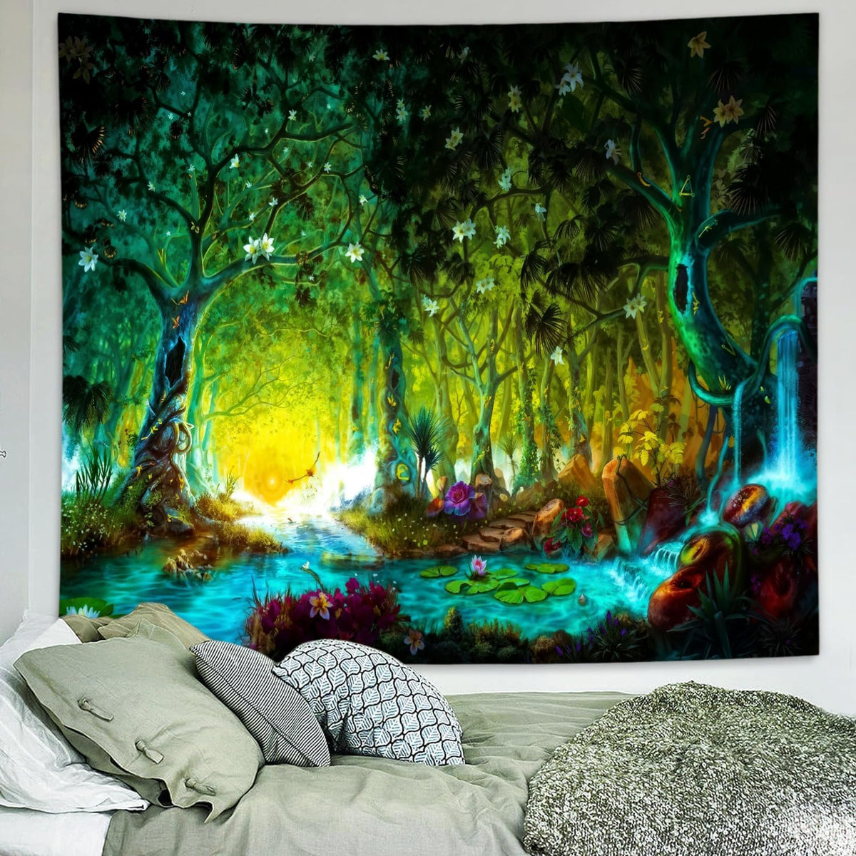 Delur Fantasy Forest Tapestry Mystical River Enchanted Magical Fairy Tale Tree Tapestry Sunrise Landscape Sunset Nature Psychedelic Wall Hanging Headboard for Bedroom Living Room Home Decor (59.1" x 78.7")