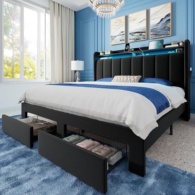 Allewie Velvet Vertical Tufted Queen Upholstered Platform Bed Frame with 2-Tier LED Storage Headboard & 2 Storage Drawers, USB & Type-C Charging Ports, Noise-Free/No Box Spring Needed, Black