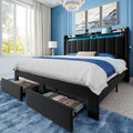 Allewie Velvet Vertical Tufted Queen Upholstered Platform Bed Frame with 2-Tier LED Storage Headboard & 2 Storage Drawers, USB & Type-C Charging Ports, Noise-Free/No Box Spring Needed, Black