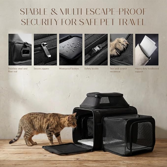 Top-Side Expandable Pet Carrier, Treat Window,18x11x11 Airline Approved | for Delta American United,Soft-Sided Cat Carrier,Anti-Scratch Mesh,Lockable Zippers,Dog Carrier for Kitten,Rabbit,Puppy,Black