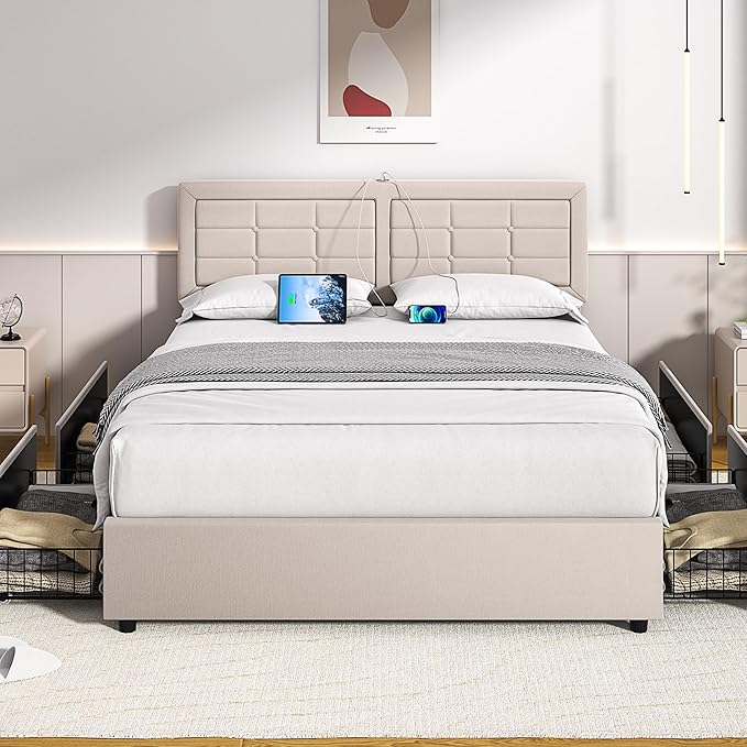 VECELO Full Size Bed Frame with 4 Drawers, Adjustable Tufted Button Headboard, Upholstered Platform with Wood Slats Support, Built-in USB and Type C Ports, Beige