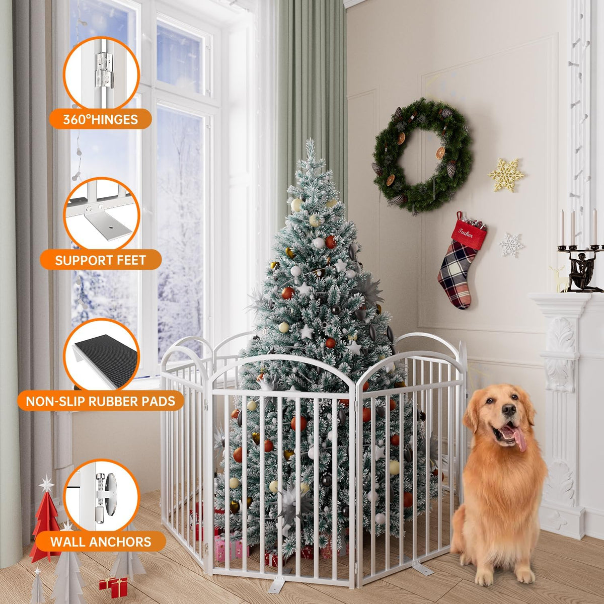 8 Panles Full Matel Freestanding Dog Gates with Door, 192"Extra Wide 32"Tall Free Standing Dog Pet Gate for Indoor & Outdoor. Foldable Pet Fences for Doorways, House, Stairs, Porch, Deck, Yard