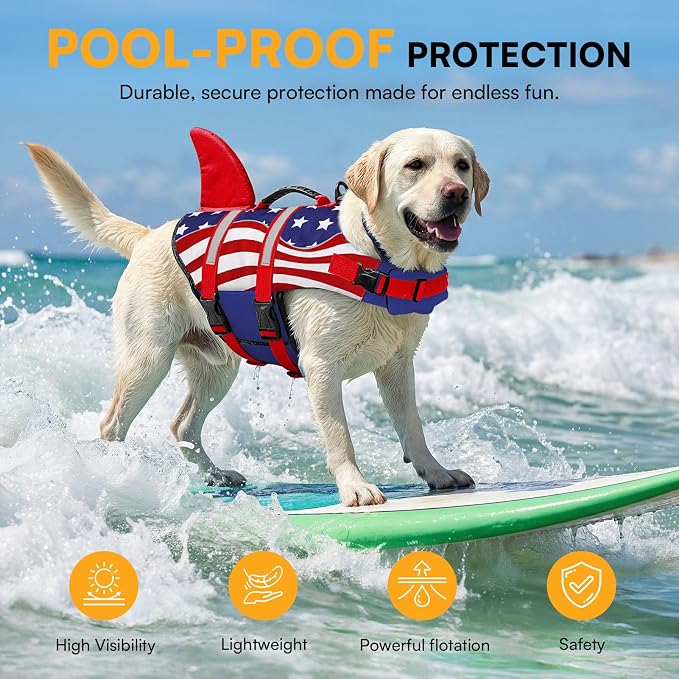 Shark Dog Life Vest for Swimming, Pet Life Vests for Boating, High Buoyant DogLife Jacket, Ripstop High Flotation Swimsui for Small, Medium, Large Dogs (USA Flag,M)