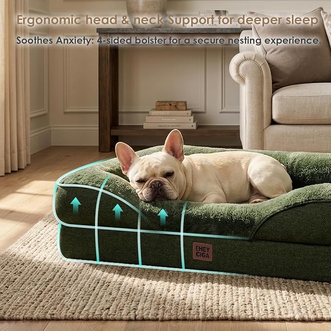 EHEYCIGA Orthopedic Dog Bed for Medium Dog, 35x22x6.5 Inch Memory Foam Dog Couch Bed with Sides, Waterproof Liner & Washable Removable Cover, Bolster Pet Sofa, Dark Green