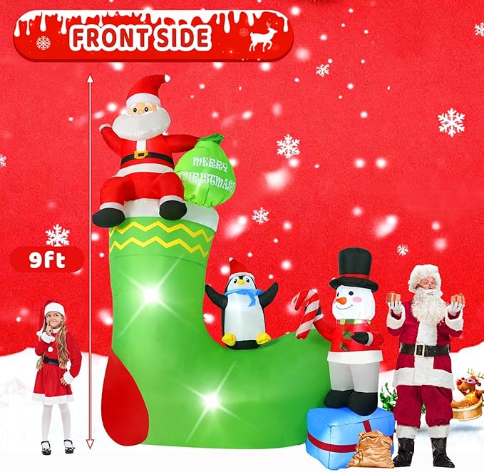 9FT Santa Claus Sitting on a Sock, Built-in LED Lights, Suitable for Christmas Lawn, Garden, Courtyard Outdoor Inflatable Decoration