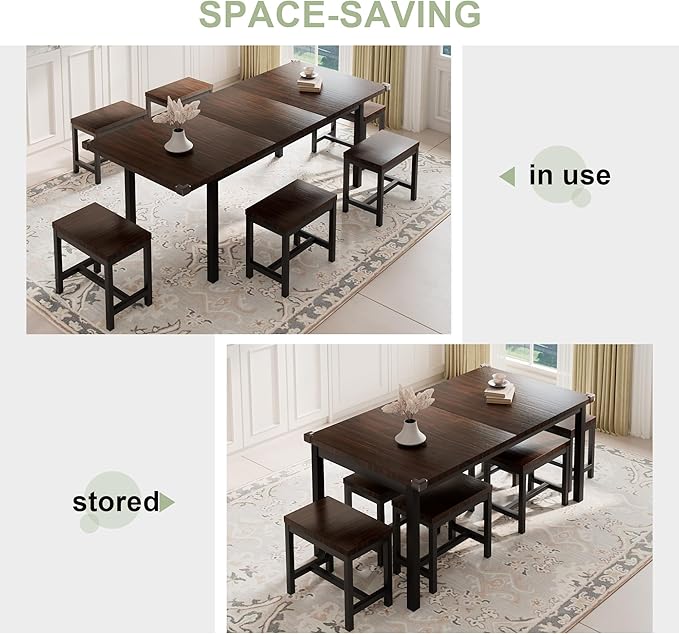 Feonase 7-Piece Dining Table Set with 6 Stools, 63 Inch Extendable Kitchen Table for 4-8, Kitchen Room Set with MDF Board & Metal Frame, Farmhouse Table, Space-Saving, Espresso