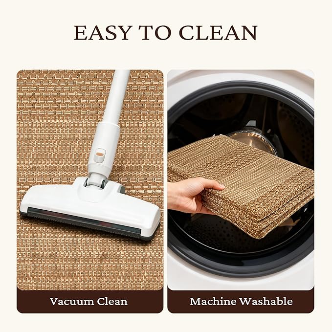 2x6 Washable Runner Rug, Textured Natural Woven Low-Profile Hallway Runner with Non-Slip Backing, Neutral Light Brown, for Kitchen, Laundry Room, Entryway