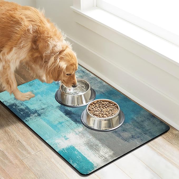 Dog Food Mats for Floors Absorbent, Cat Food Mat - Pet Cat Feeding Mat Quick Dry, Dog Bowl Mats for Water, Pet Supplies Feeding Placemat 12" x 20" Tie-Dye Blue