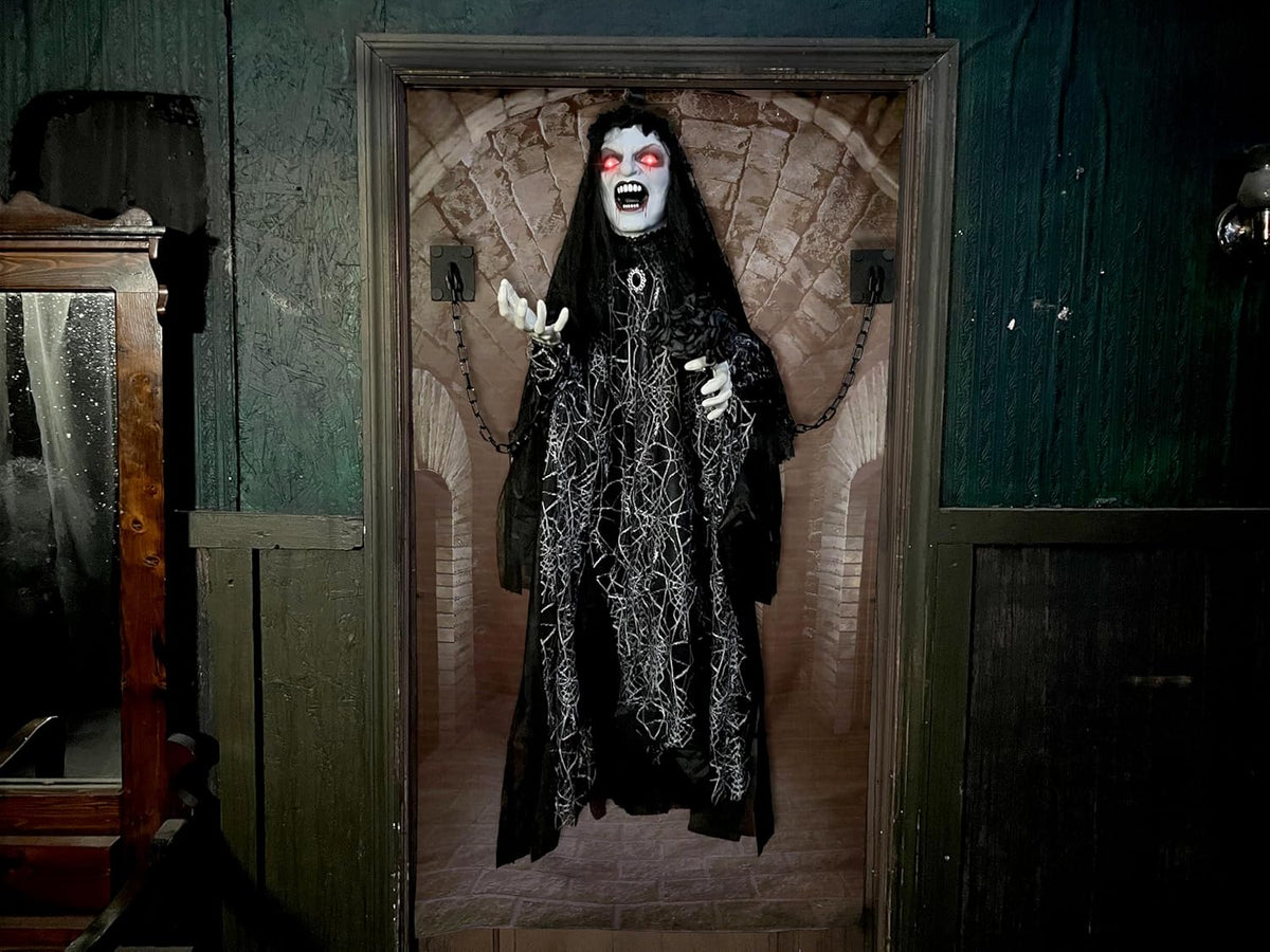 Haunted Hill Farm Animatronic Scary Demon Widow Door Greeter with Touch Activated Lights and Sound, Battery-Operated Indoor or Covered Outdoor Halloween Decoration