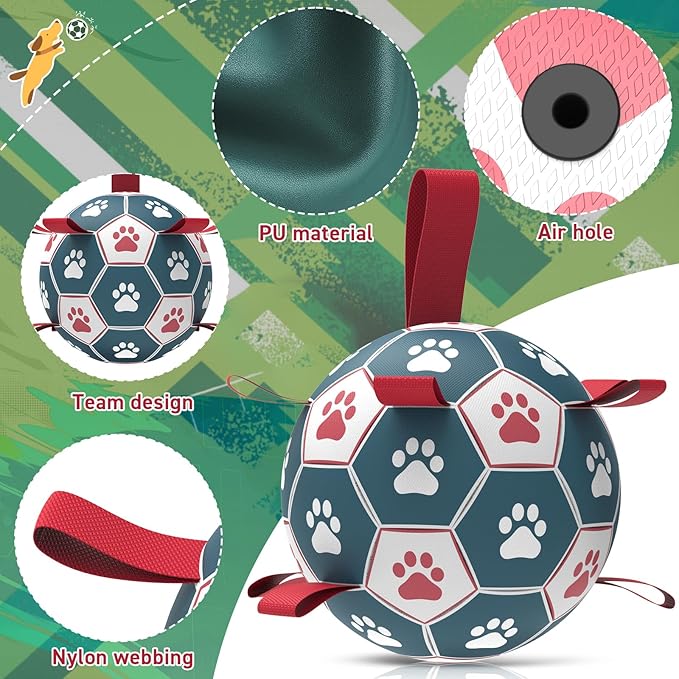 QDAN Dog Toys Soccer Ball with Straps：Durable Balls for Large Dogs, Outdoor Dog Toys, Puppy Birthday Gifts (8 Inch)