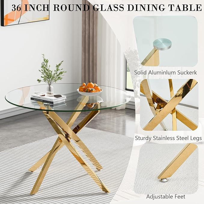 36" Round Dining Table for 4, Glass Kitchen & Dining Room Tables, Modern Circle Dining Room Table w/Tempered Glass Tabletop Gold Finish Metal Legs for Dinner Small Spaces
