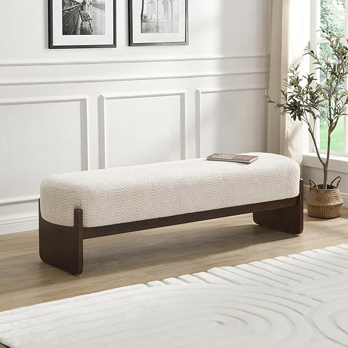 Christopher Knight Home Arden Minimalist Style Rectangular Loop Yarn Fabric Ottoman Bench, Rubberwood Frame, Entryway Bench, Living Room Sofa Extra Seat, End of Bed Footstool, Beige+Brown