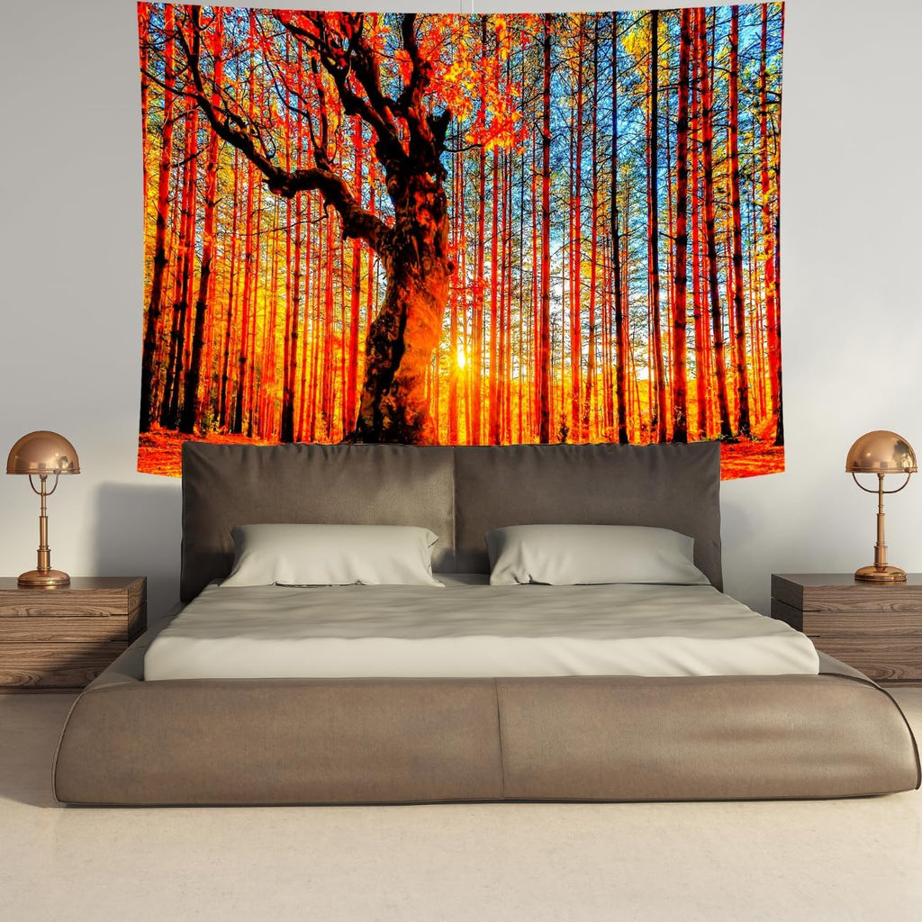 Delur Sunset Forest Tapestry Tree of Life Tropical Rainforest Landscape Tapestry Wall Hanging Scenic Nature Woodland Natural Sunrise Headboard for Bedroom Living Room Home Decor (51.2" x 59.1")