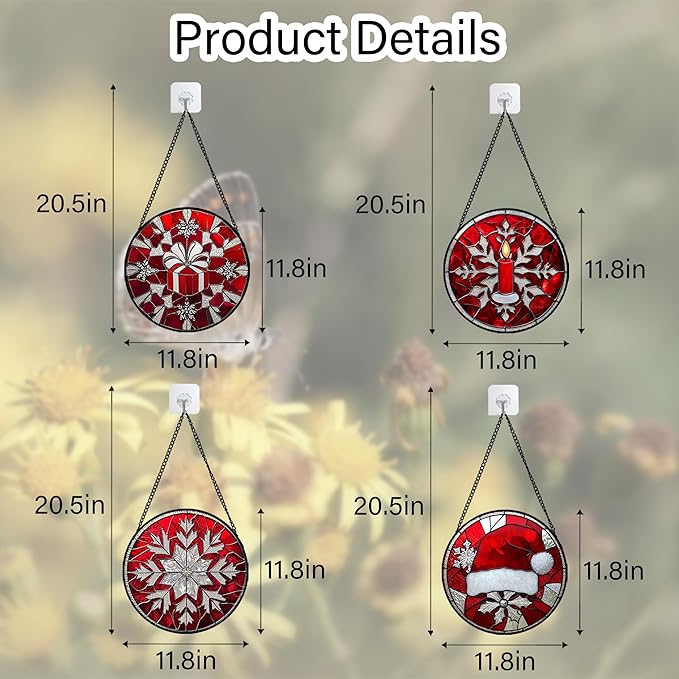 Stained Glass Window Hanging 4 Pcs Set Red Christmas Decorations Theme Large 11.8" - Suncatcher Door Garden Sun Catcher Decor Birthday for Mom Woman Nana Men Friend Wife