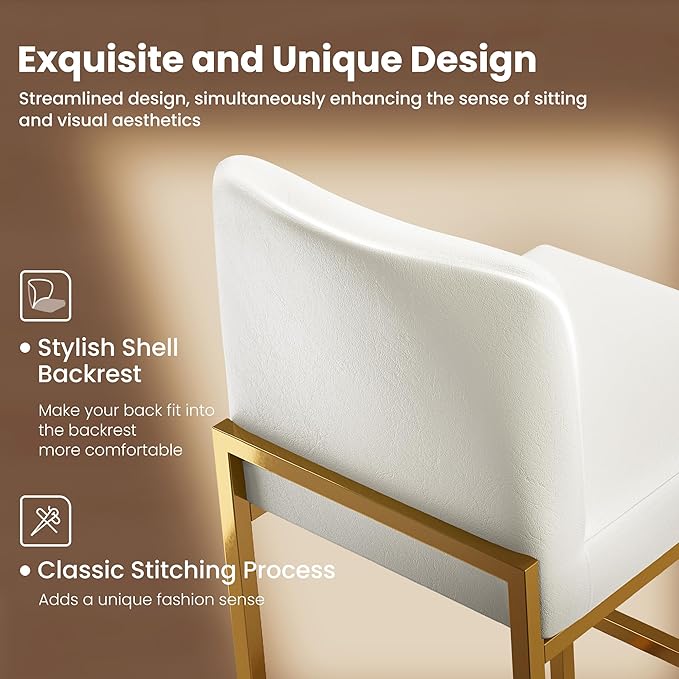 PHI VILLA Bar Stools Set of 2 - Bar Stools with Back Leather Stools for Kitchen Counter, White and Gold Counter Height Bar Stool