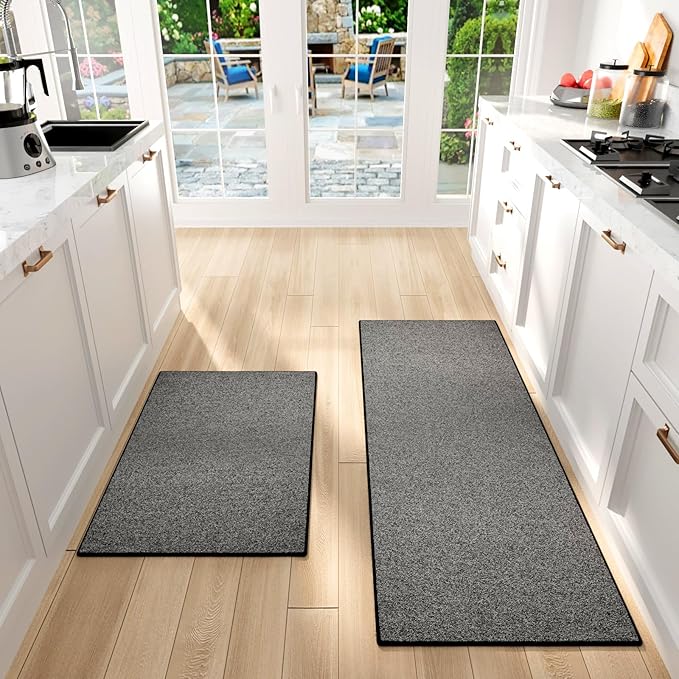Kitchen Mat Set of 2 PCS, Cushioned Non Slip Rugs for Kitchen Floor, Absorbent Runner Comfort Standing Mats Washable for Kitchen, Office, Home (Black-Velvet, 17.3"x47"+17.3"x30")