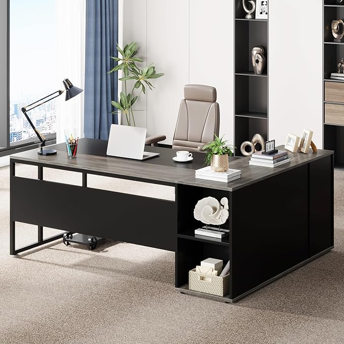 LITTLE TREE Large Executive Desk with File Cabinet, 71 inch L Shaped Computer Desk Office Desk with Drawers and Storage Shelves, Business Furniture Desk Workstation for Home Office, Grey