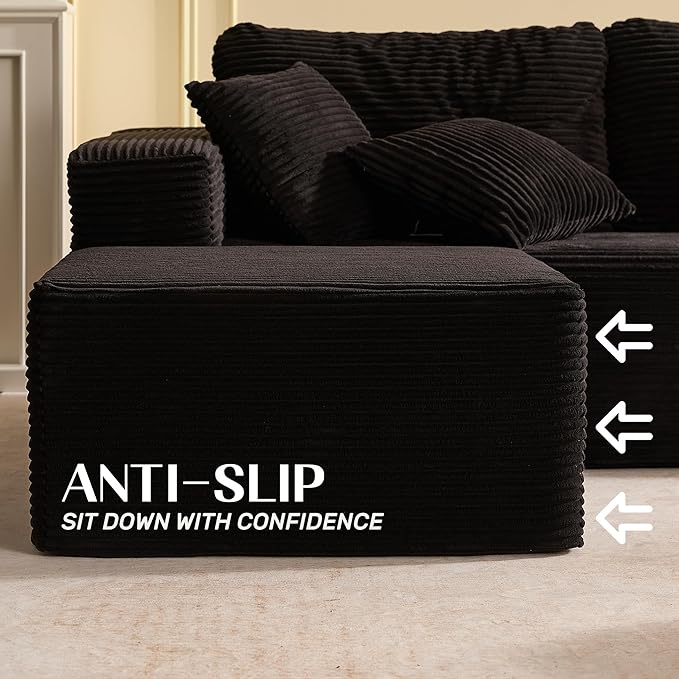 138" Boneless Couch with Deep Seat, Modular Sectional Sofa, Cloud Sectional Couch for Living Room, No Assembly Required, Corduroy, U-Shape 4 Seater Left, Black