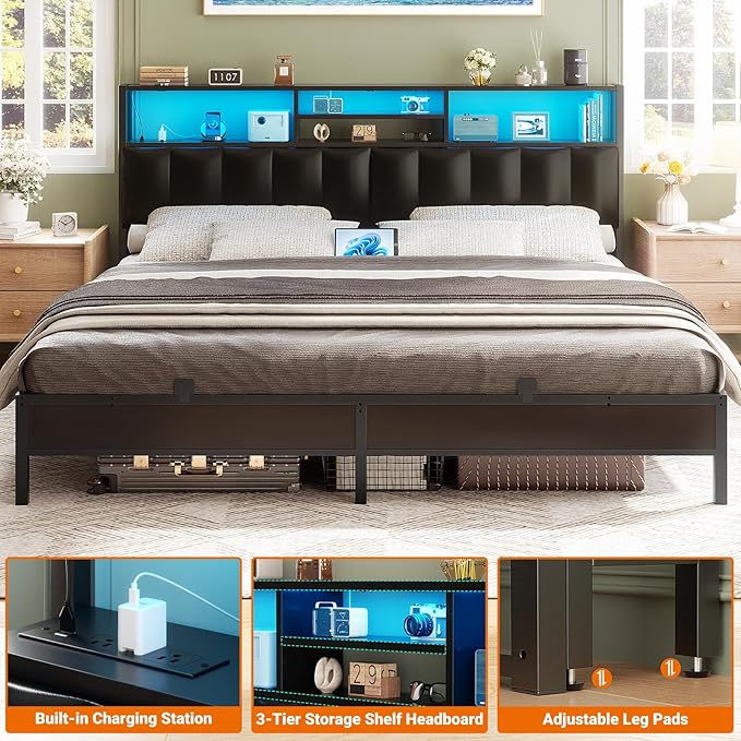 Aheaplus Headboard for King Size Bed with Storage, Upholstered Headboards with Outlets, USB Ports and LED Light, Reversible King Size Head Board, Height Adjustable, Comfortable Headboard, Black