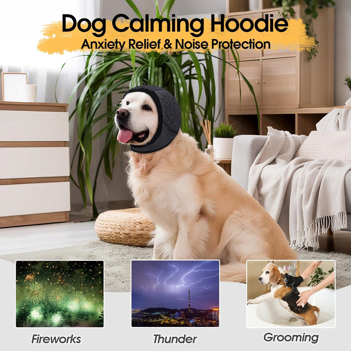 Dog Calming Hoodie, Dog Ear Muffs Noise Protection & Anxiety Relief, No Shake Ear Wraps for Dogs Quiet Ears Cover Headband for Fireworks Grooming Swimming Bathing Force Drying