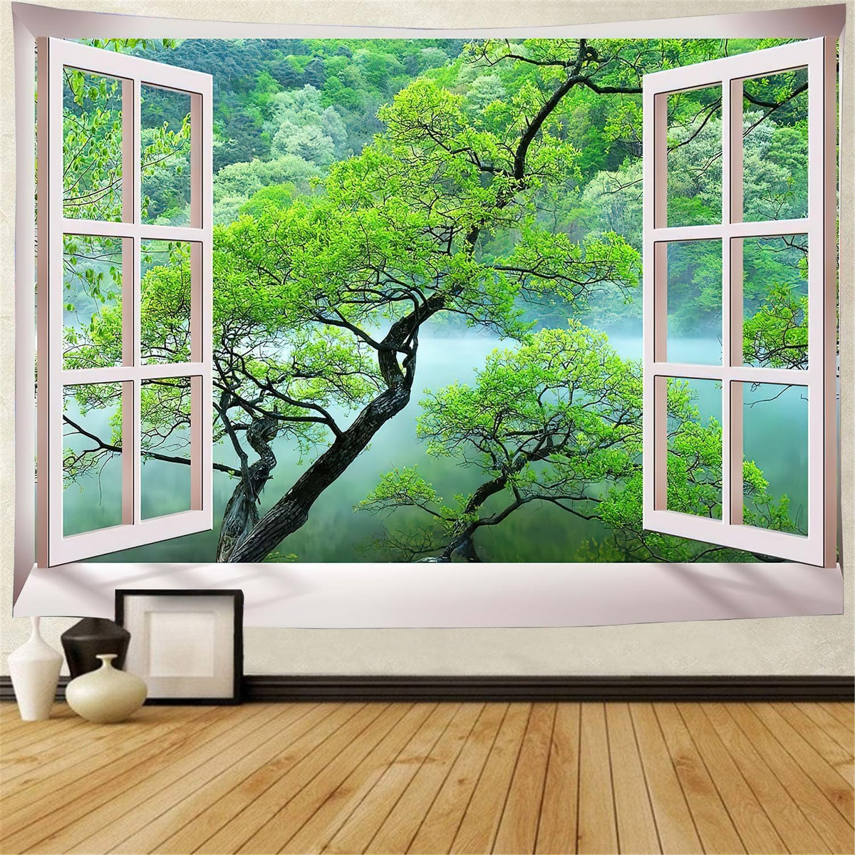 FENDROM Misty Lake Forest Tapestry Wall Hanging Nature Green Tree Landscape Window View Tapestries for Bedroom Living Room Dorm Decor