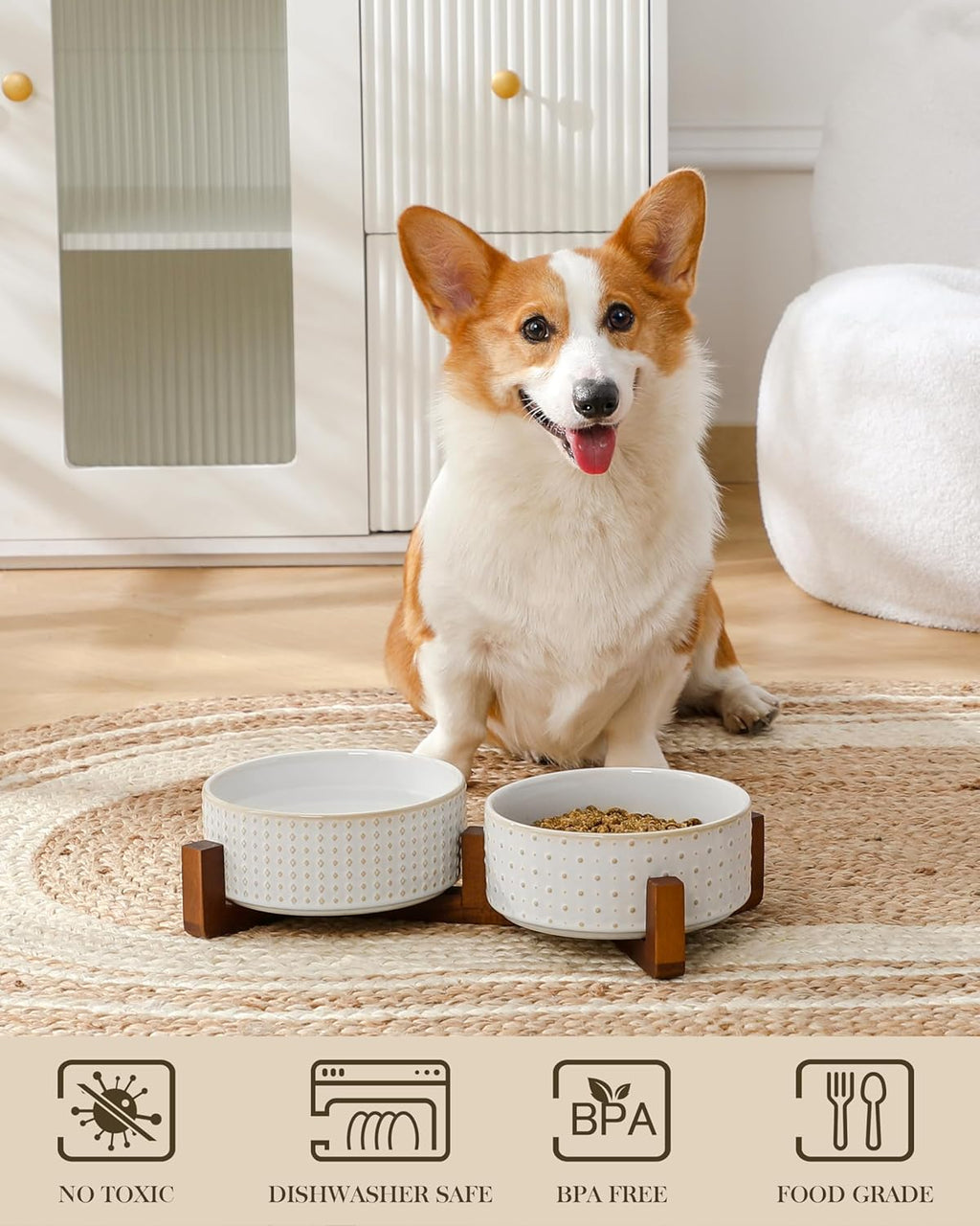 MALACASA Dog Bowl Set with Walnut Wood Stand, 3.5 Cups Ceramic Pet Bowls for Puppy Dogs, Dual Food and Water Bowls with Weighted Non-Slip Base, Basic Bowls for Your Dog or Cat, Rhombic & Polka Dots