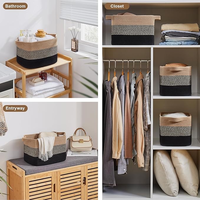 Storage Basket for Organizing, Woven Baskets for Storage, Rectangle Decorative Baskets for Shleves, Closet, Toys, Books, Nursery Organizer Bins - Pack of 3 (Black & Brown, 13"x9.85"x8.7")