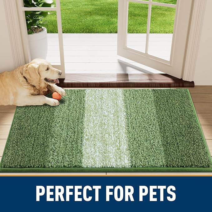 Smiry Dog Door Mat for Muddy Paws, Absorbs Moisture and Dirt, Low-Profile Entryway Mat with Non-Slip Backing, Entry Indoor Outdoor Doormat for Inside Floor (48x30 Inches, Green, Striped)