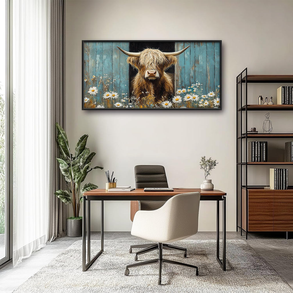 Large Farmhouse Highland Cow Country Wall Art for Living Room, Floral Canvas Oversized Wall Decor, Daisy Flower Animal Framed Pictures Painting Print Artwork for Bedroom Office 60"L x 30"W