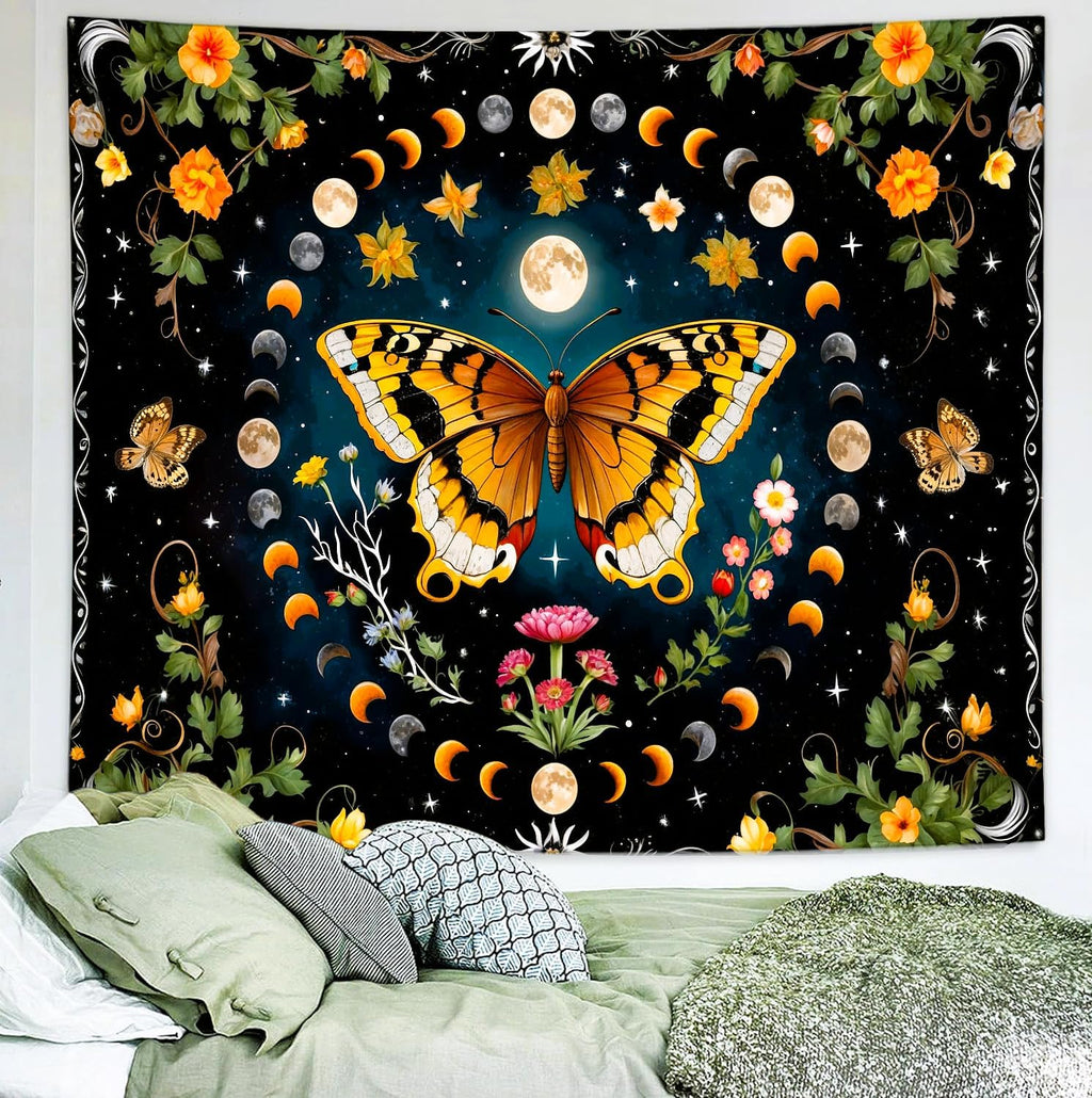 Delur Butterfly Moon Flower Tapestry Botanical Floral Plant Boho Tapestry Wall Hanging Mandala Aesthetic Mushroom Retro Vintage Headboard for Bedroom Living Room Home Decor (70.8" x 92.5")