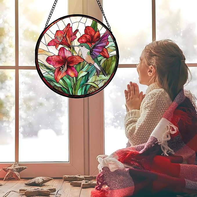 Stained Glass Window Hanging - Hummingbird On Red Lily Flower Sun Catcher for Door Garden Decor Suncatcher Christmas Mother's Day Birthday Gifts for Bird Lovers Women Men Mom Nana 7.8 in