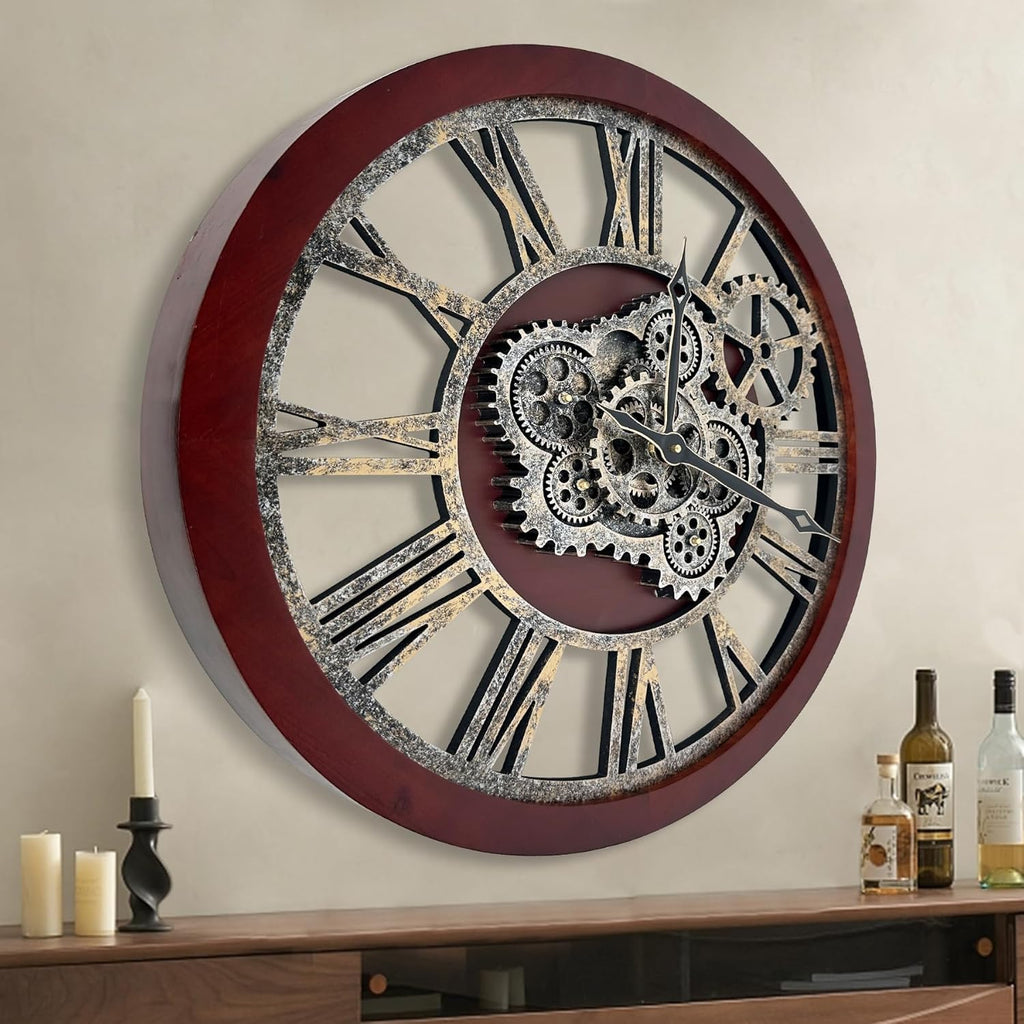 HOIBAI Farmhouse Vintage Industrial Oversized Wall Clock - 24 in (60cm) Moving Gear Wall Clock for Living Room Decor