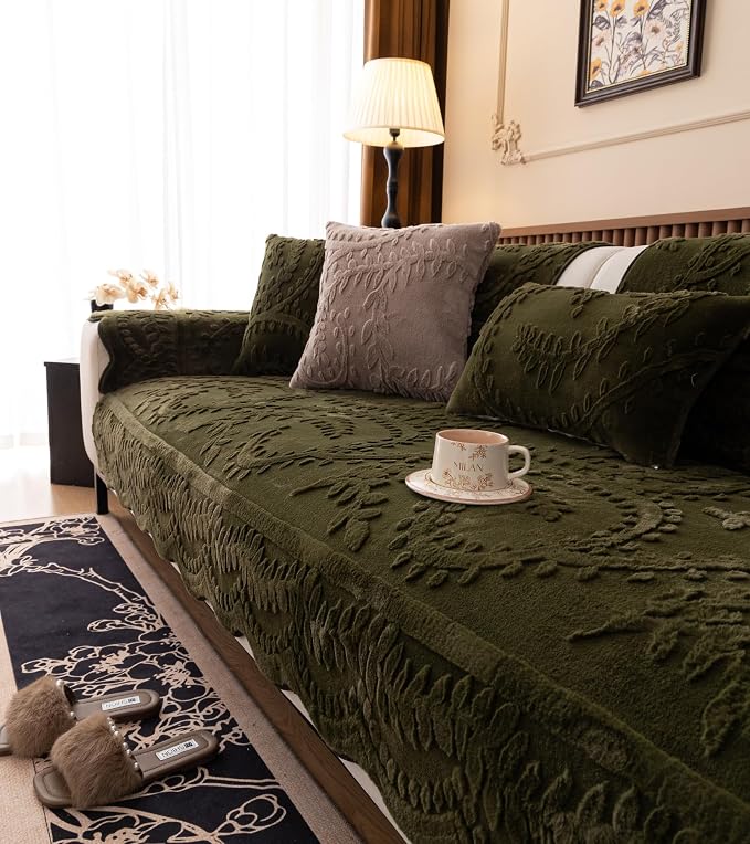 Green Fuzzy Rabbit Plush Sofa Cover Cozy Warm Sofa Couch Covers with 3D Jacquard Leaf Pattern Non-Slip Easy-to-Install Shaggy Sofa Slipcover Prefect for Kids Dogs Cats Cats(Green,36"x110")