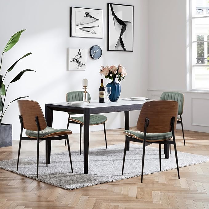 LUNLING Dining Chairs Set of 4 Mid Century Modern Retro Faux Leather Chair with Walnut Bentwood Upholstered Seat Metal Legs Chairs,Adjustable Foot for Kitchen Dining Room Chairs(Green)