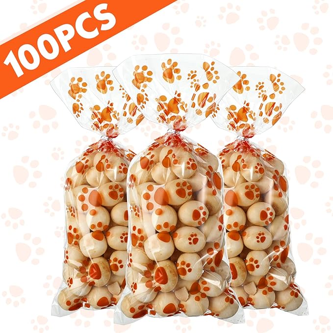 Blulu 100 Pieces Dog Treat Bags Puppy Party Favor Pet Paw Cone Cellophane Bags Candy Heat SealableDog Paw Gift with 100 Pieces Silver Twist Ties for Pet Cat Treat Party Favor(Orange)