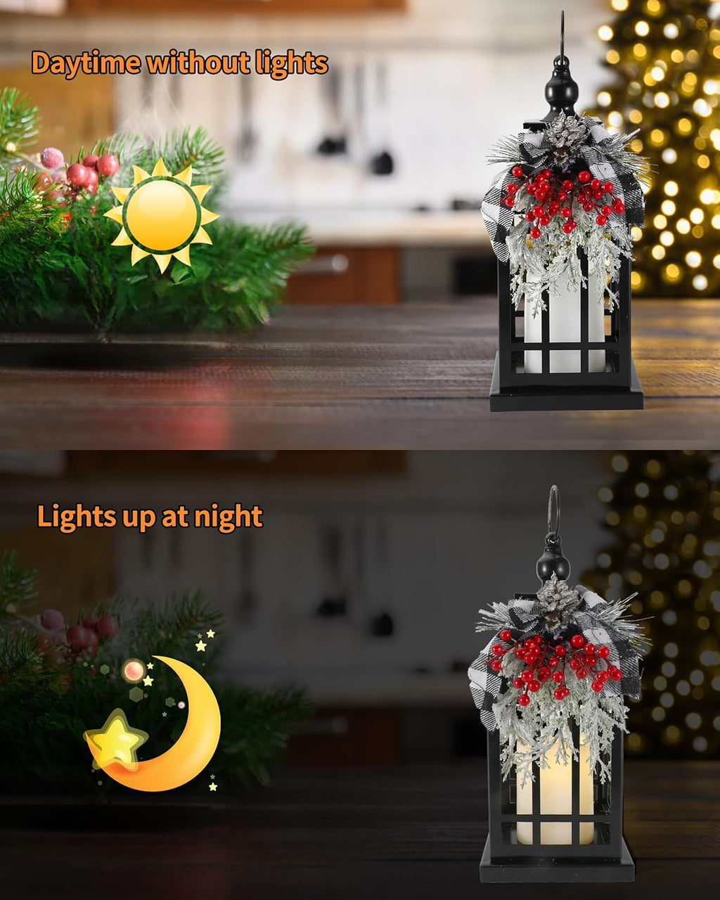 iStatue Metal Black Christmas Lantern with Flameless Candle, 14'' Modern Farmhouse Decor Festive Holiday Rustic Home Gifts for Indoor / Outdoor (Xmas)
