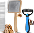 Large Dog Slicker Brush for Goldendoodles, Poodles - 3 in 1 Grooming Kit with Undercoat Rake, Comb - Extra Long Pins for Dematting Great Pyrenees, Thick Coats, Shedding, Detangling, Natural