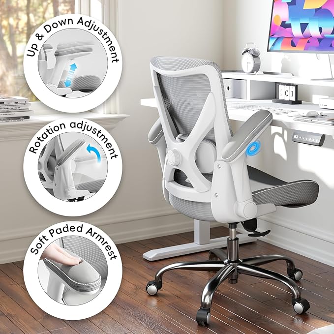 Office Home Ergonomic Desk Chair-Computer X-Shaped Chair Mesh PU Leather with Adjustable Lumbar Support-Executive Chair High Back Flip-Up Arms for Long Hours (White-Grey-No Headrest)