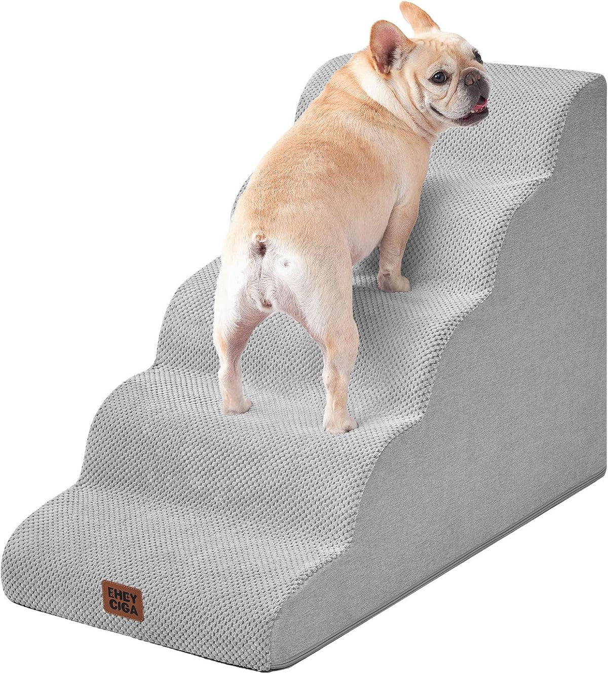 EHEYCIGA Curved Dog Stairs Ramp for High Beds, 5-Step Extra Wide Dog Steps for Small Dogs and Cats, Pet Stairs for High Bed Climbing, Non-Slip Balanced Pet Step Indoor, Light Grey