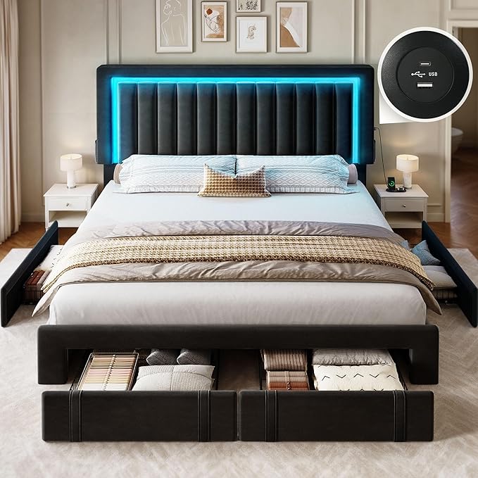 DWVO Queen Size Bed Frame with Adjustable Headboard, 4 Storage Drawers and RGB LED Lights, Velvet Upholstered Platform Bed with USB Ports, No Box Spring Needed, Fast Assembly, Noise-Free, Black