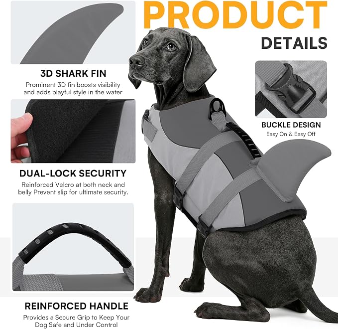 Dog Life Jacket Ripstop Dog Safety Vest Adjustable Preserver with High Buoyancy and Durable Rescue Handle for Small,Medium,Large Dogs, Grey Shark Medium