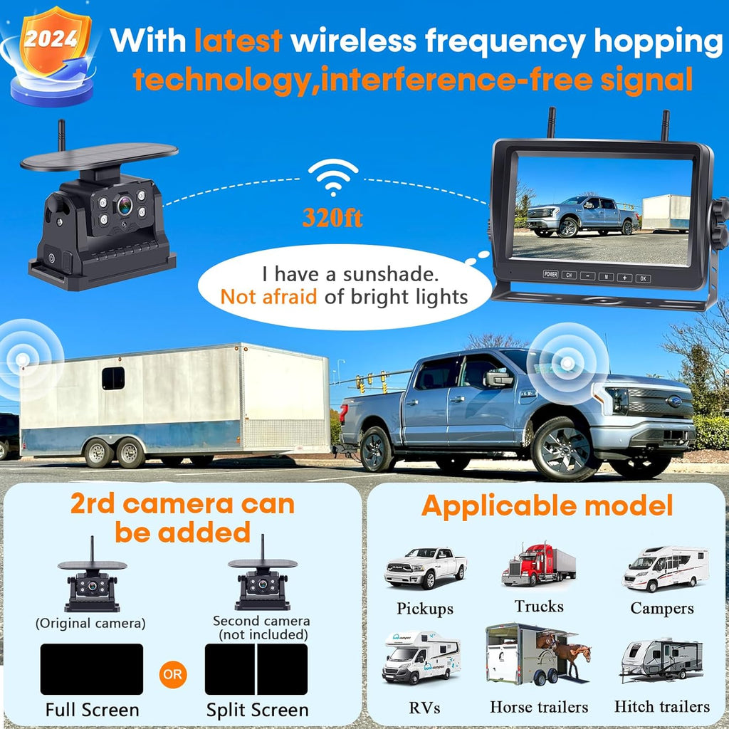 Wireless Backup Camera for RV Install-Free 7-Inch: Magnetic HD 1080P Recording Solar Rear View Camera No-Delay Signal with Touch Button Monitor System Y08