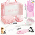 9PCS Dog Bath Kit & Dog Brush Kit for Dogs & Cats - Professional Pet Grooming Tools Set with Shedding Brush, Bath Scrubber, Dematting Comb & Storage Bag - Complete Dog Washing Essentials, Pink
