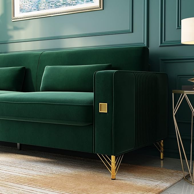 2PCS 85.63" Green Velvet Sofa,Modern Loveseat Couch with Pillows Set of 2 for Living Room,Bedroom,Apartment Furniture with Gold Metal Legs